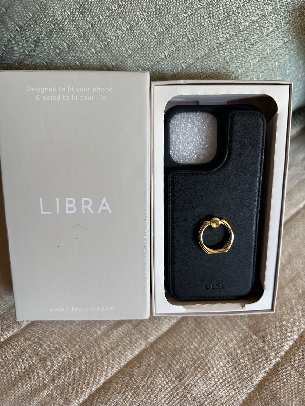 Libra Black Leather Phone Case with Gold Ring - Compatible Cell Accessory